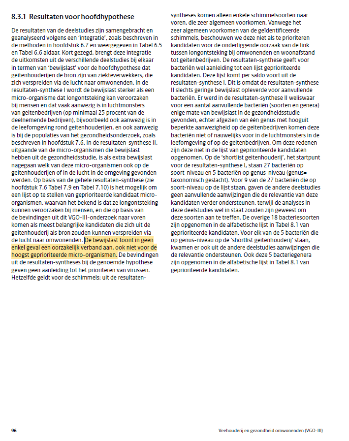 Na alle commotie de afgelopen dagen over longontstekingen heb ik eindelijk tijd om verder te kijken dan de samenvattingen van het VGO3  rapport. En dat is leerzaam. Zo is de conclusie over de hypothese "De bewijslast toont in geen enkel geval een oorzakelijk verband aan."