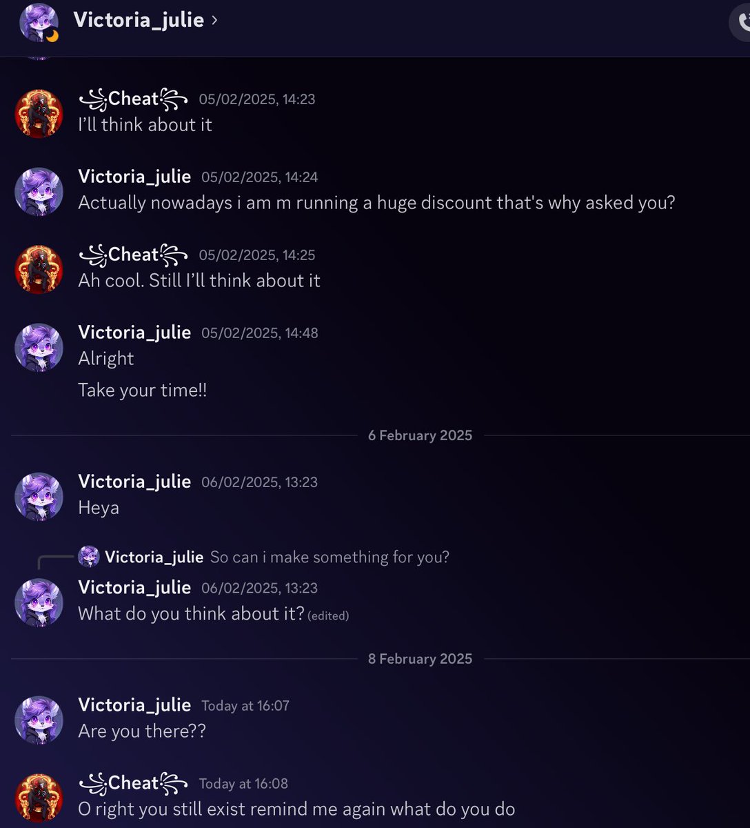 Discordartscam's tweet photo. I did try to get a sob story out of them which worked I should do that more often to scratch the sob story part of the bingo also notice how they only talk about commissions and absolutely nothing else they didn’t even ask what I’m gooning to a bit disappointing tbh. (3/3) https://t.co/m5lgAqM8D2