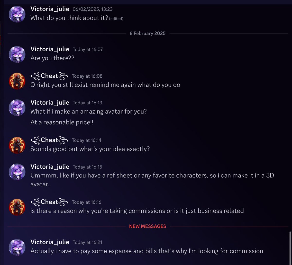 Discordartscam's tweet photo. I did try to get a sob story out of them which worked I should do that more often to scratch the sob story part of the bingo also notice how they only talk about commissions and absolutely nothing else they didn’t even ask what I’m gooning to a bit disappointing tbh. (3/3) https://t.co/m5lgAqM8D2