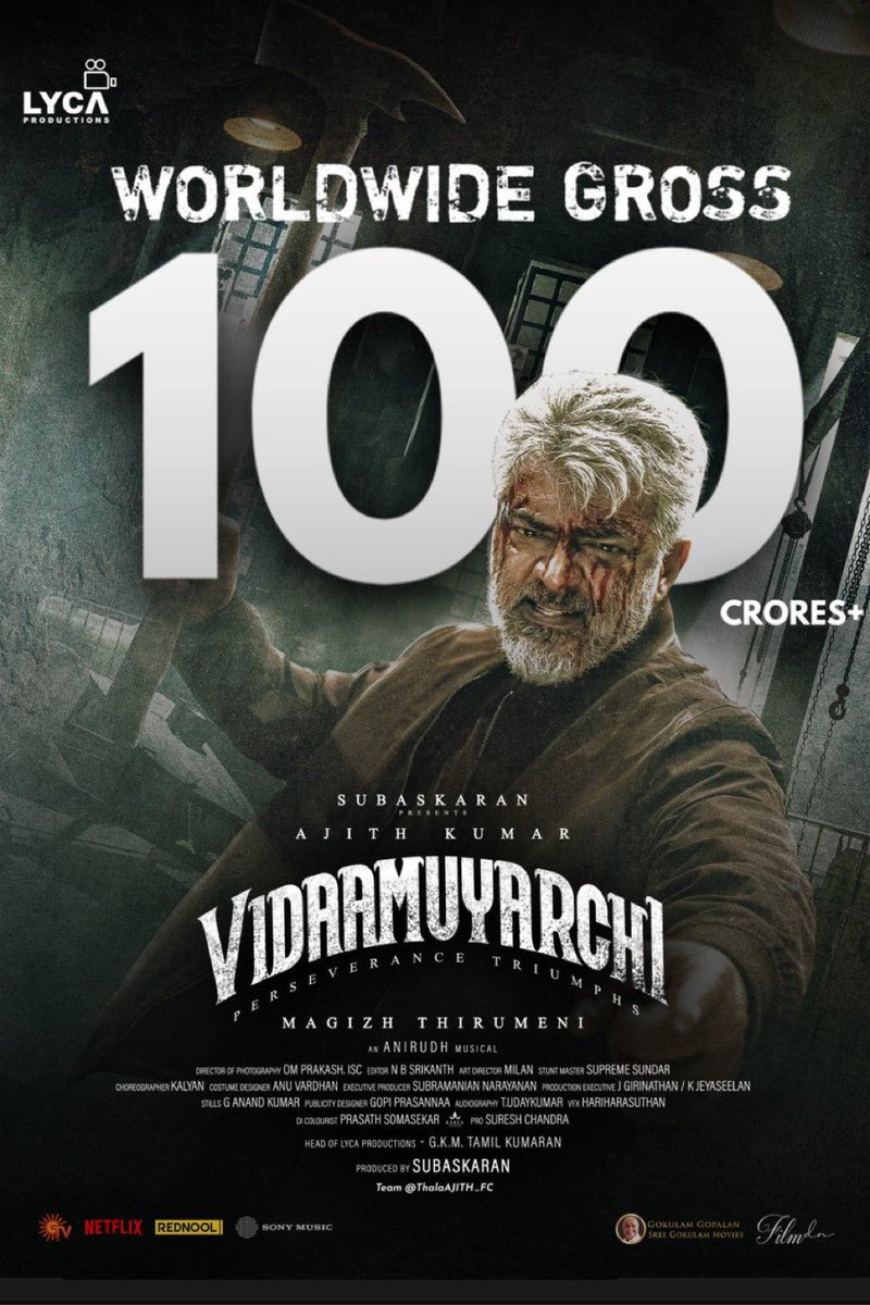 Thrashing all the negativity campaigns and marching past 100 Crores. Overseas markets are super steady. 🔥

#VidaaMuyarchi