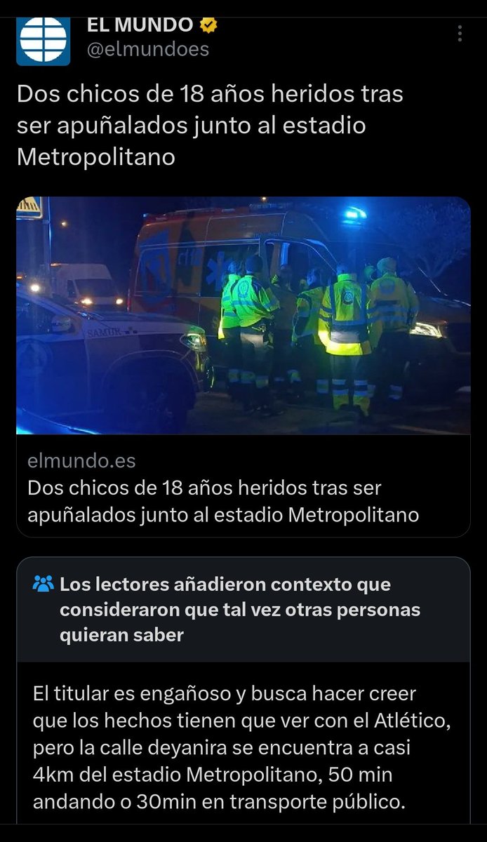 Esto es muy muy muy grave

Los hechos ocurrieron a 50 minutos andando del Metropolitano

30 minutos en transporte público

¿Al lado del Metropolitano? MENTIRA

¿Por qué meter Metropolitano?

¿Por qué asociar algo tan grave HOY?

Yo creo que ya basta de inventos