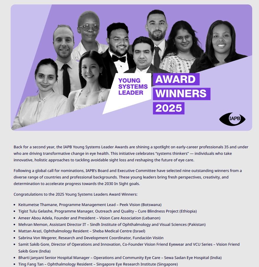 Congratulations!!!
Ms. Bharti Janyani (Sr. Hospital Manager) of Sewa Sadan Eye Hospital has been selected for the Young System Leader Award-2025 of IAPB (International Award for Prevention of
Blindness).
#Congratulations
#eyecareeverywhere
#blindnessawareness
#eyecheckup