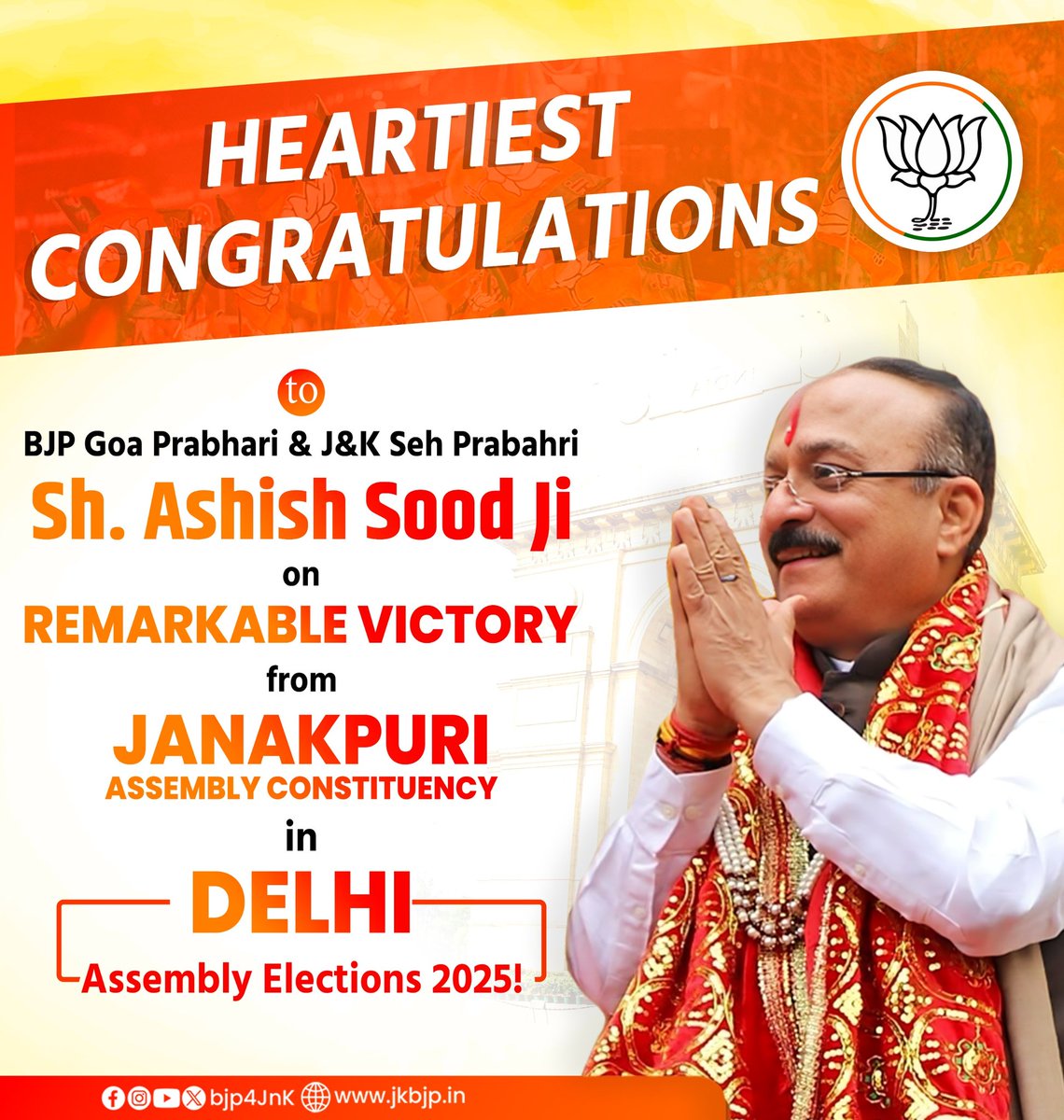 ErSahilBhat's tweet photo. Hearty congratulations to Shri @ashishsood_bjp ji Co Incharge J&amp;K @BJP4JnK on his magnificent victory from the Janakpuri Assembly constituency @BJP4Delhi

#DelhiElections2025 
#BJPVictory https://t.co/x4CR03X007