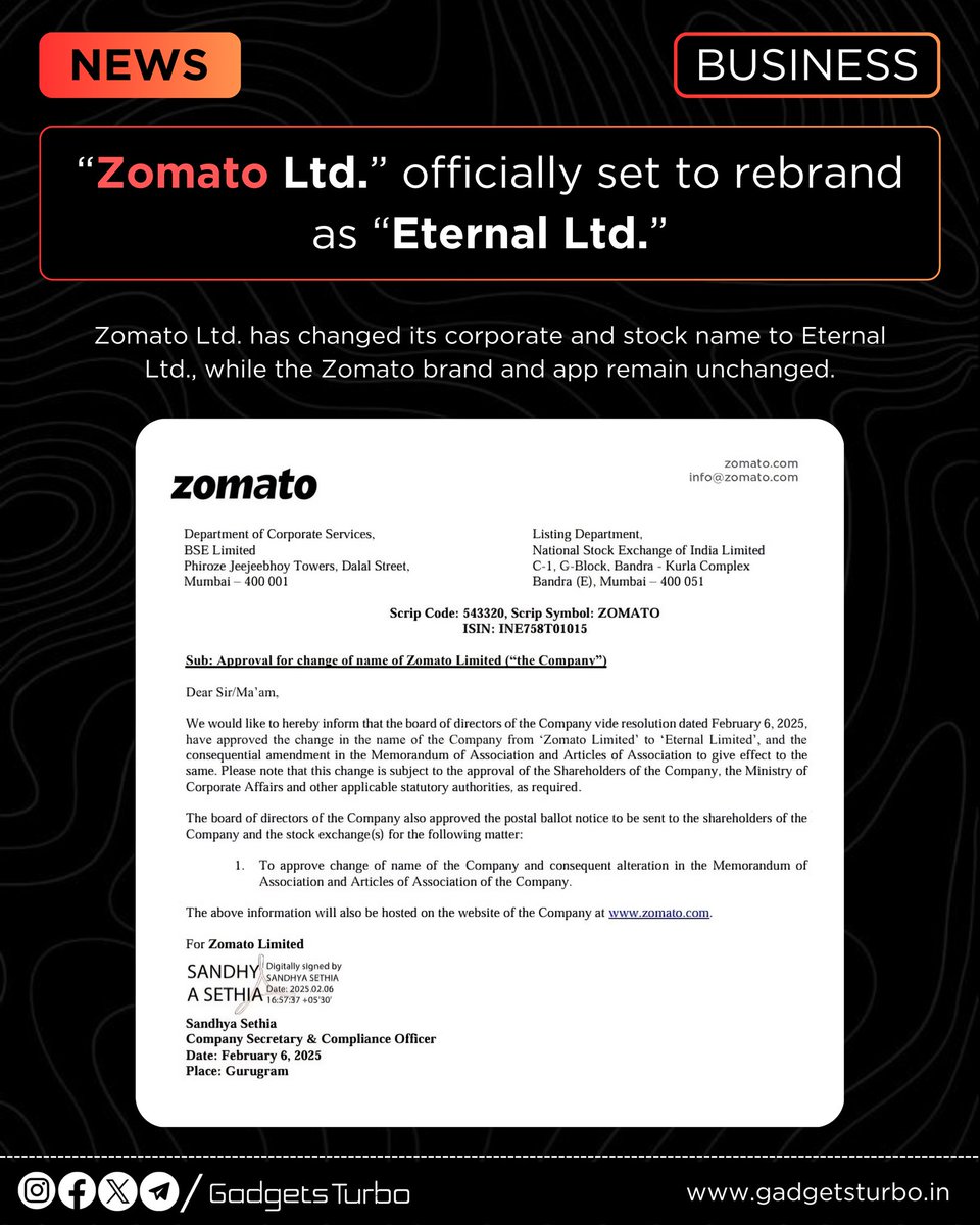 GadgetsTurbo's tweet photo. #Zomato Ltd. officially set to rebrand as #Eternal Ltd. ✅
• Zomato Ltd. has changed its corporate and stock name to Eternal Ltd., while
• Zomato brand and app remain unchanged
• Eternal Limited will be the Parent Company for - (Zomato, #HyperPure, #Blinkit & #District) https://t.co/LchMtCYhNQ