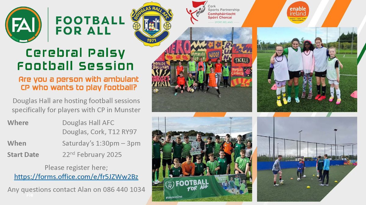 Cork Sports Partnership (@corksports) on Twitter photo 🤩✨ Cerebral Palsy Soccer Sessions ⚽️✨
🤝 <a href="/CorkSports/">Cork Sports Partnership</a> <a href="/FAICork/">FAI Cork</a> <a href="/EnableIreland/">Enable Ireland</a> <a href="/DouglasHallAFC/">Douglas Hall AFC/LFC</a> announce cerebral palsy soccer sessions for children & teenagers will kick off again this Feb
📍 Douglas Hall AFC
⏰ 1.30pm
📆 Starts 22nd Feb
🙋 7-17yo
ℹ️ corksports.ie/latest-news/ce… 🤩✨ Cerebral Palsy Soccer Sessions ⚽️✨
🤝 <a href="/CorkSports/">Cork Sports Partnership</a> <a href="/FAICork/">FAI Cork</a> <a href="/EnableIreland/">Enable Ireland</a> <a href="/DouglasHallAFC/">Douglas Hall AFC/LFC</a> announce cerebral palsy soccer sessions for children & teenagers will kick off again this Feb
📍 Douglas Hall AFC
⏰ 1.30pm
📆 Starts 22nd Feb
🙋 7-17yo
ℹ️ corksports.ie/latest-news/ce…