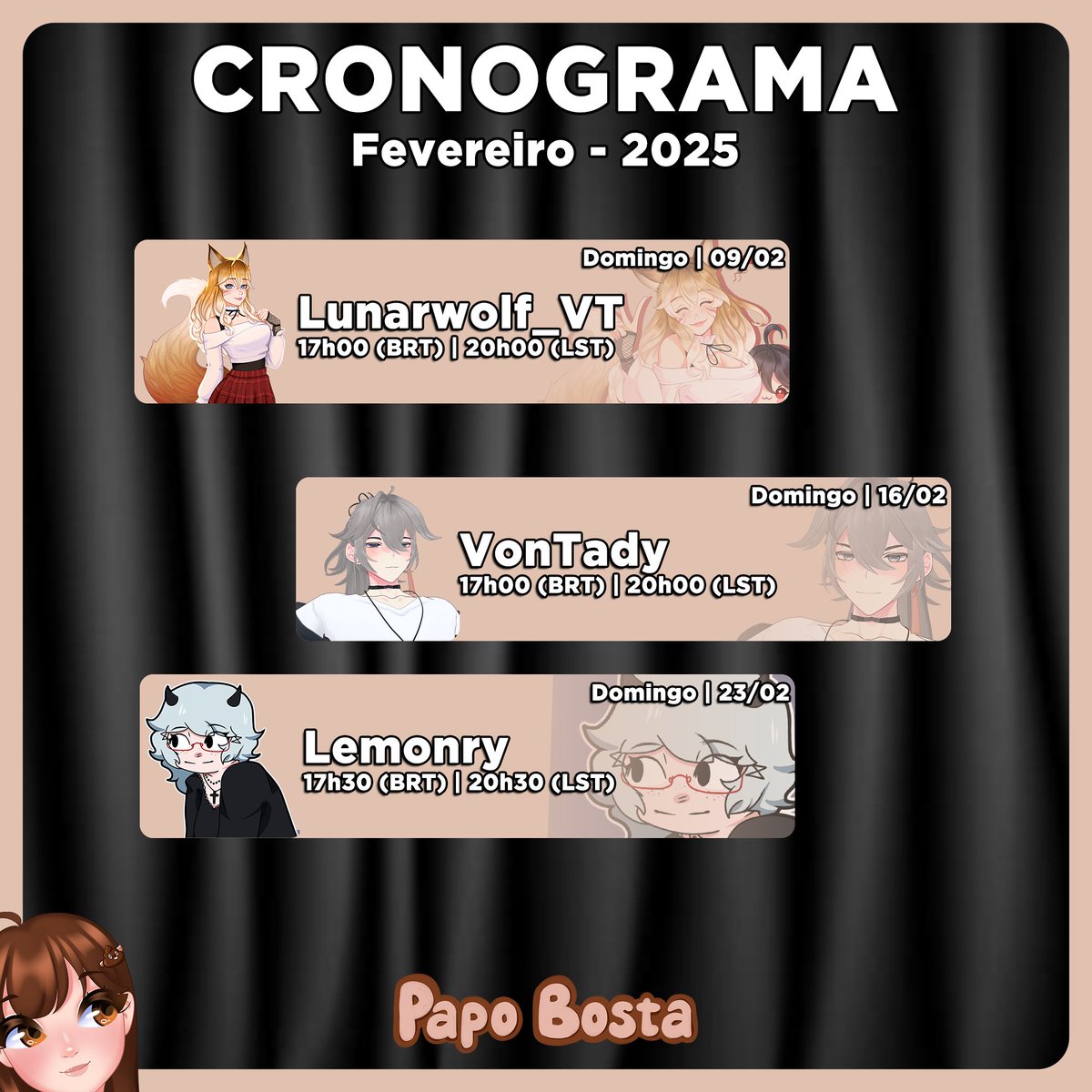 Salve galerinha!

Pabo Bosta esta voltando neste fevereiro; por isso, segue o cronograma lindo e maravilhoso de convidados para este mês!!