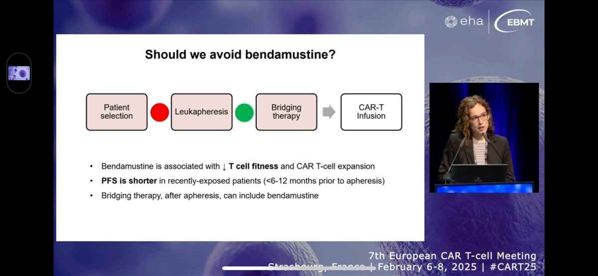 Bendamustine, should be avoided if possible ahead of Apharesis.  #CART25 #theEBMT #EHA_Hematology #CART_is_the_future