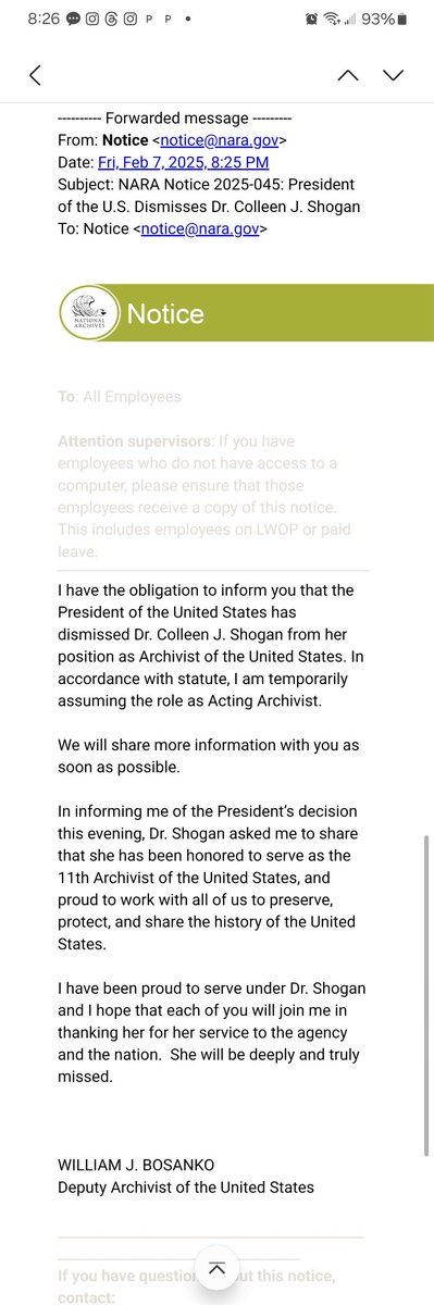 JUST IN: All National Archives employees get email informing them that their ultimate boss, Archivist Colleen Shogan, has been fired by President Donald Trump politico.com/news/2025/02/0…