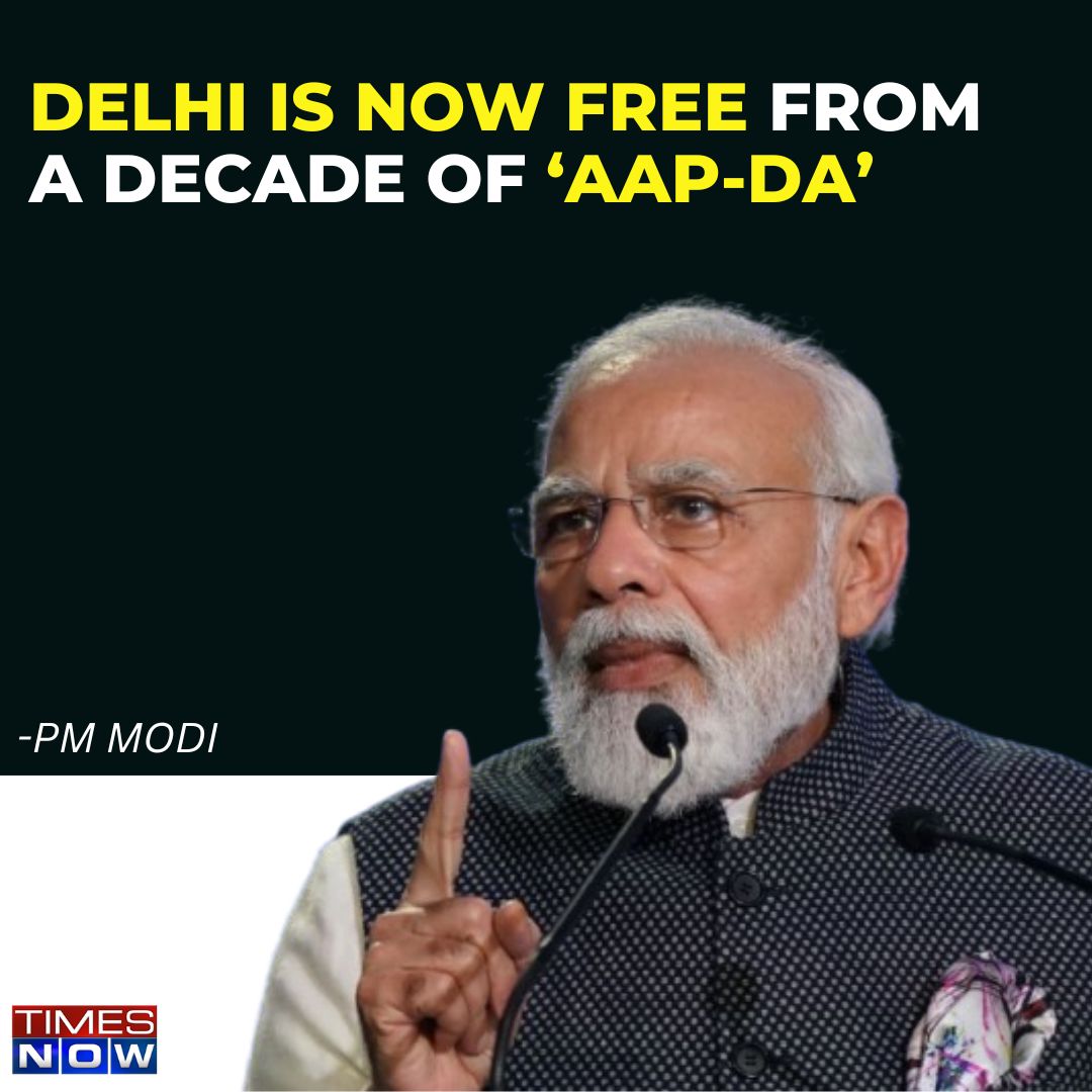 TimesNow's tweet photo. #DelhiElections2025
Delhi is now free from a decade of ‘AAP-da’: PM @narendramodi
#DelhiElectionResults #Feb8WithTimesNow #TNCards https://t.co/Z6yPIsRa7U