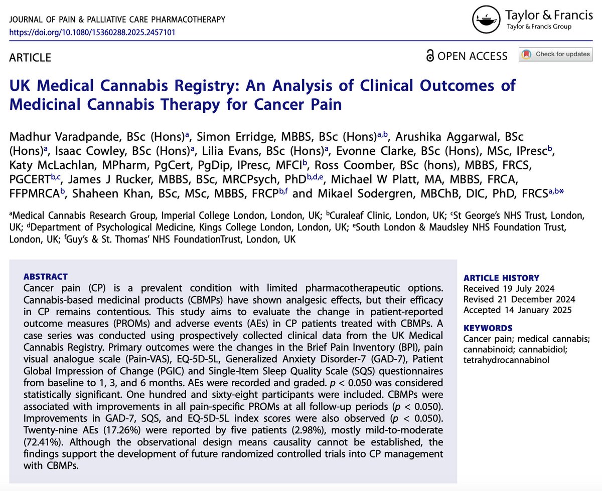 Many guidelines recommend opioids for treating cancer pain 

🏥🩺Here we review outcomes of Medical Cannabis therapy in 168 pts focusing on the relief of pain, quality of life and side-effects

👉shorturl.at/nFq4R