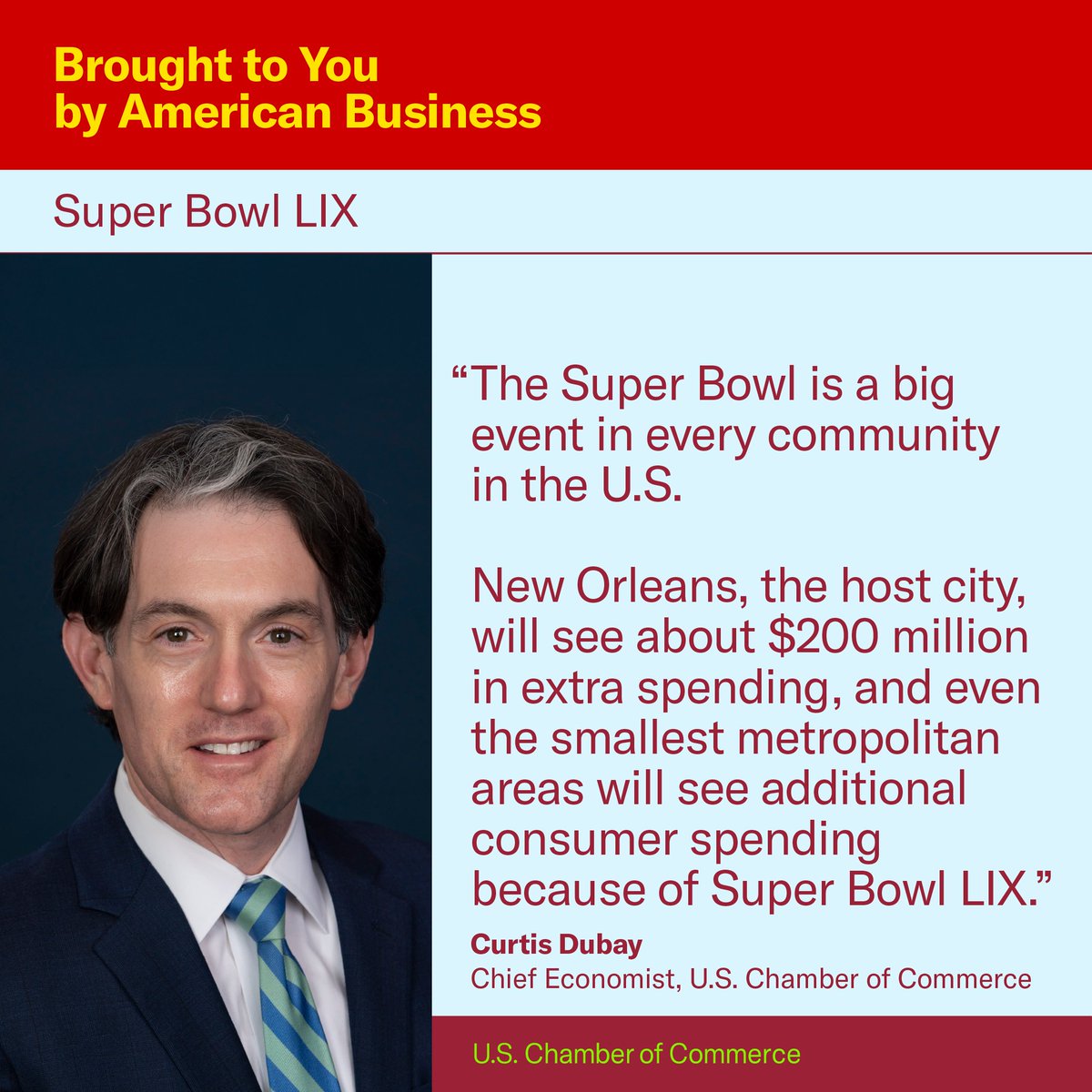 Each year, the Super Bowl provides economic impact for the host city, but the effects are felt in communities across the country. Chief Economist <a href="/CurtisDubay/">Curtis Dubay</a> breaks down the national and local economic impact of <a href="/NFL/">NFL</a> Super Bowl LIX. Find your city here: uschamber.com/economy/how-th…