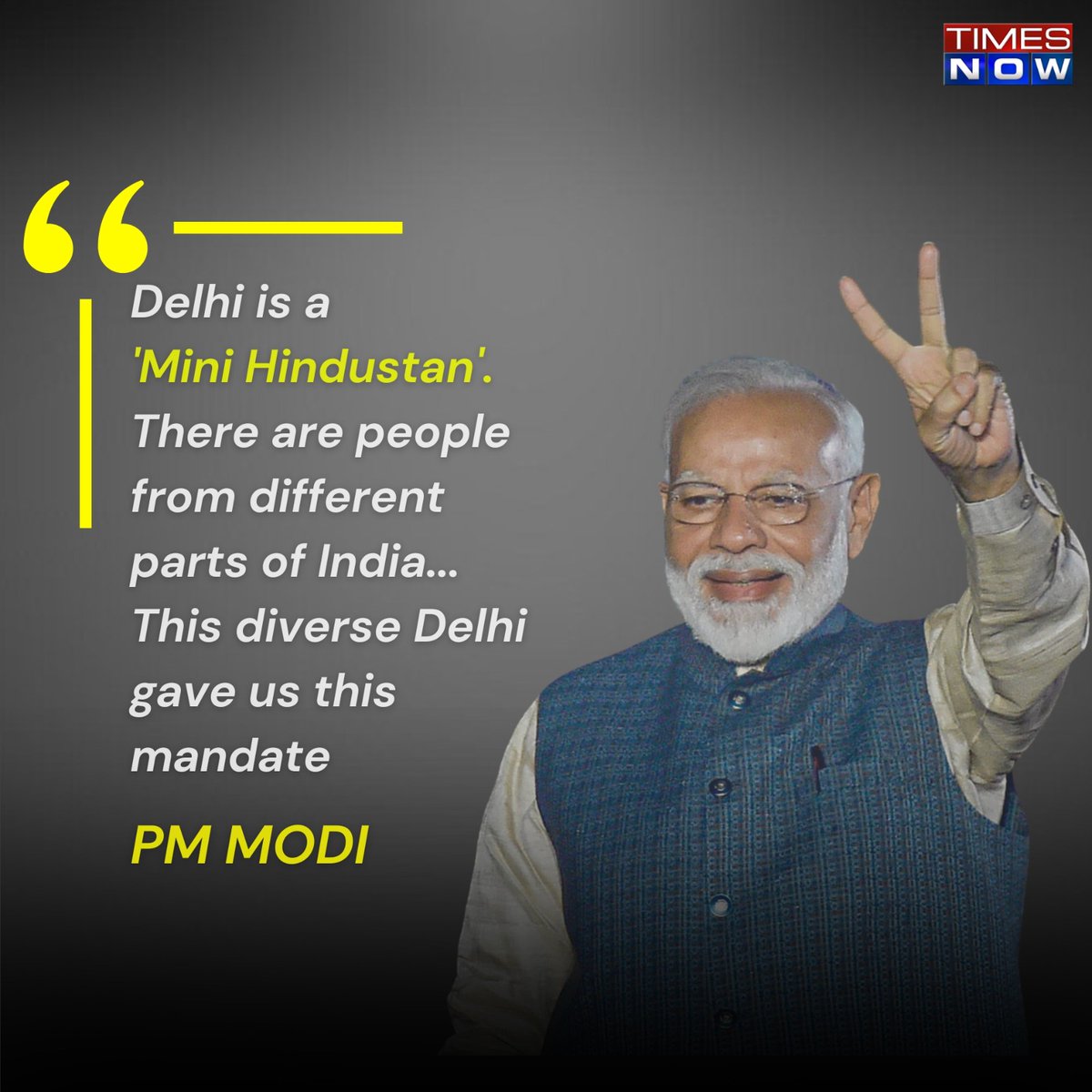 TimesNow's tweet photo. #DelhiElectionResults
"Delhi is a 'mini Hindustan'. There are people from different parts of India... This diverse Delhi gave us this mandate," says PM @NarendraModi in his victory message.
#DelhiElectionResults #Feb8WithTimesNow #TNCards #PMModi https://t.co/KDKlyf5Bb4