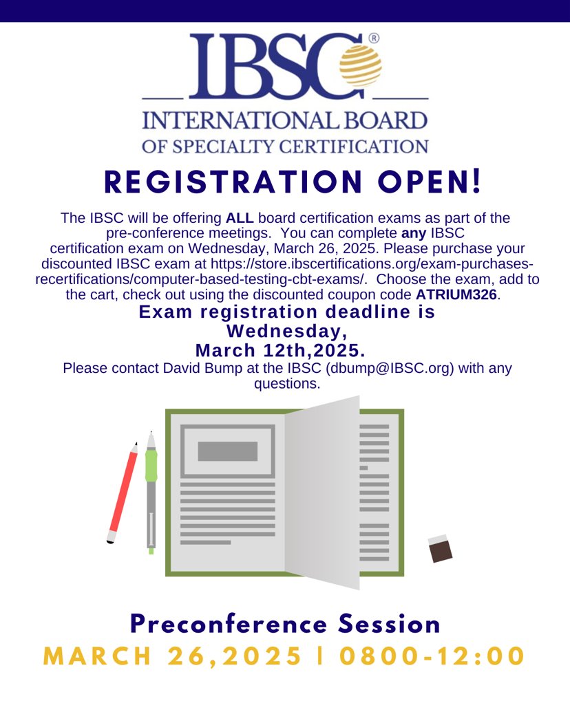 IBSC_Certification (@ibscert_) on Twitter photo Take ANY IBSC Exam at the <a href="/atriumhealth/">Atrium Health</a> Preconference in Savannah, GA this March 26th. The DEADLINE to register for this event is March 12th. Use code ATRIUM326 for a discount.
store.ibscertifications.org/exam-purchases… Take ANY IBSC Exam at the <a href="/atriumhealth/">Atrium Health</a> Preconference in Savannah, GA this March 26th. The DEADLINE to register for this event is March 12th. Use code ATRIUM326 for a discount.
store.ibscertifications.org/exam-purchases…