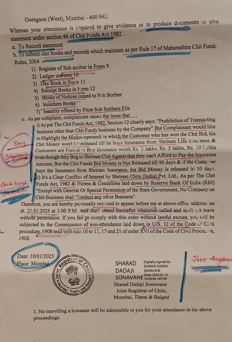 jskeshriya's tweet photo. After our #RTI to #Joint #Registrar #Chits regarding #Shriram Chits forcing Chit holders to buy Shriram #insurance which is conflict of interest, yet again Joint Registrar is trying to protect the company.
He issued #Summons to #Foremans of #Thane #Vashi #NaviMumbai #Chembur & #Goregaon branch for statements but he was unable to provide the number of Chit holders who were forced to buy Insurance.
Our humble request to Hon'ble #FinanceMinister #NirmalaSitharaman to issue "STAY" on new chits till the #Investigation is completed.
