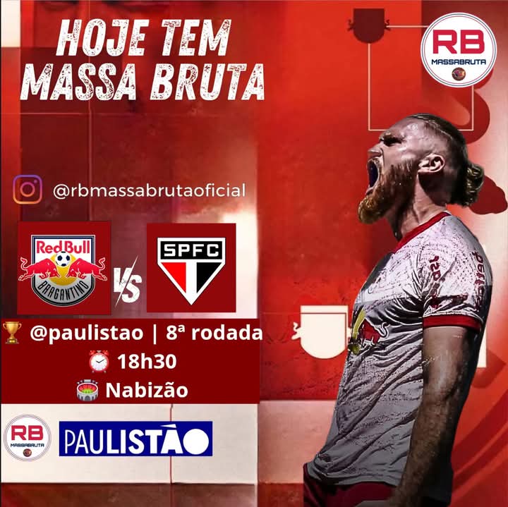 BrutaRb's tweet photo. É o Massa Bruta em ação! 🔥
Dia de Braga em campo!

⚽️ Red Bull Bragantino x São Paulo
🏆 @paulistao | 8ª rodada
⏰ 18h30
🏟️ Nabi Abi Chedid
📺 UOL Play, Nosso Futebol e Zapping TV.

#RedBullBragantino #ForçaInterior #RBMassaBruta https://t.co/wSmJmmRqRH