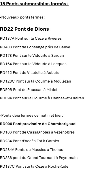 InfoRouteGard's tweet photo. #Gard #Inondations #PluieInondation #Pluie
Sam 8/02 15h:  

-D906 pont de Chamborigaud FERME
-D22 #pont Dions FERME 
+13 #PontsSubmersibles fermés (routes secondaires) 
 
-#NEIGE #Cevennes >500m: EQUIPEMENTS OBLIGATOIRES
-MasDeLaBarque FERME  
  
Suivre https://t.co/7zvQsfuhTW https://t.co/2KIyWgIixA