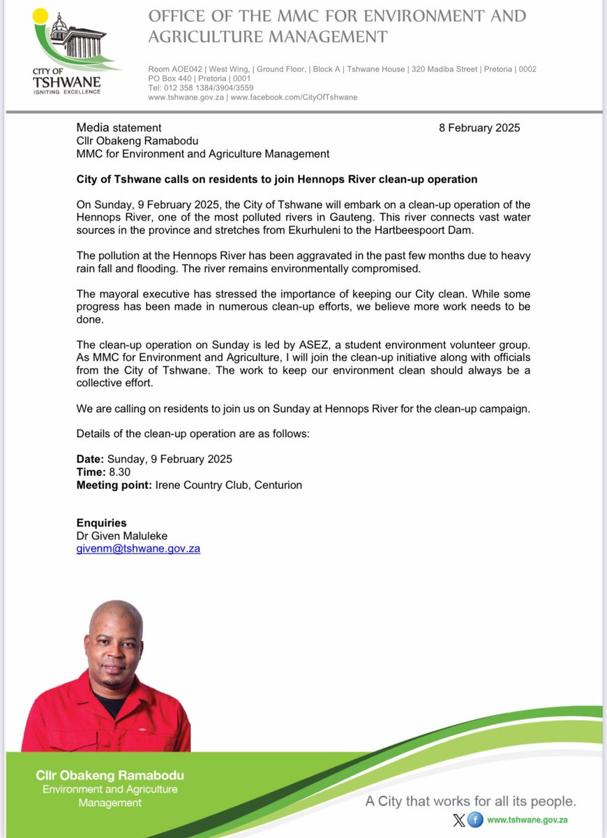 nasiphim's tweet photo. City of Tshwane calls on residents to join Hennops River clean-up operation taking tomorrow morning. Let’s revive this river. @CityTshwane https://t.co/EqsP7ypHyA