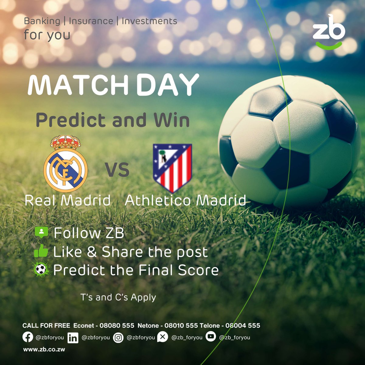 🏆 Your prediction could be your ticket to victory! ⚽ Follow our pages, like &amp; share this post, and drop your final match score prediction in the comments.Predict right and WIN  with ZB Financial Holdings!🎉 #ZBforYou  #ZBScoreAndWin #matchday