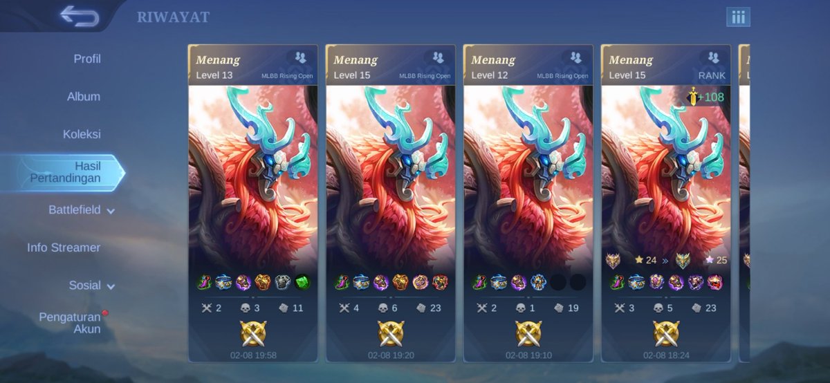 willlliis's tweet image. baru dua hari kemarin bilang semoga cepat honor biar bisa fokus belajar. dannn taraaaaa... hari ini win streak 14 ditambah main mro 3 kali menang tanpa celah. demi apaaaa cakep bangettt history match hari ini😭😭