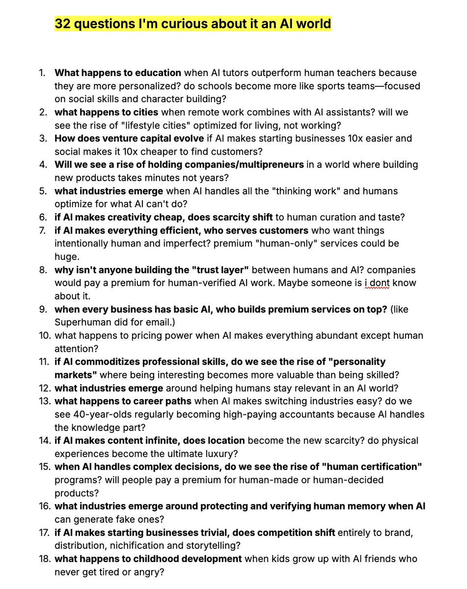 gregisenberg's tweet image. 32 questions I'm curious about it an AI world