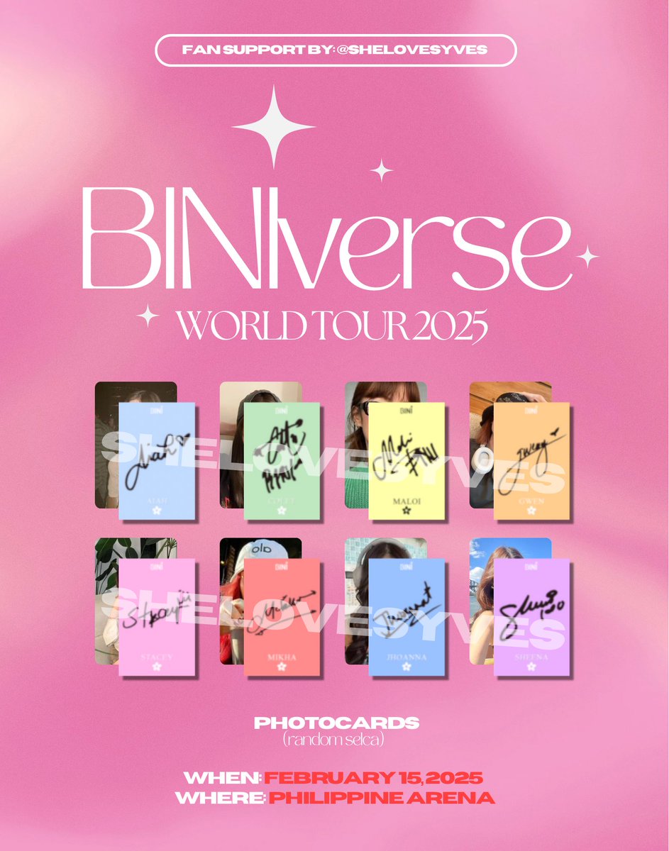 shelovesyves's tweet photo. BLOOMS! 🌸

⋆.˚✮ biniverse world tour 2025 ✮˚.⋆
— fan support by @shelovesyves 

photocards (random selca) w signed backprint

❀ like &amp; rt
❀ strictly 1:1 (limited qty)
❀ random bunot (no no pili hehe)
❀ show proof on d-day
❀ open for trades

📍time &amp; loc TBA

˚ʚ♡ɞ˚ https://t.co/DVLkTDN5Tf