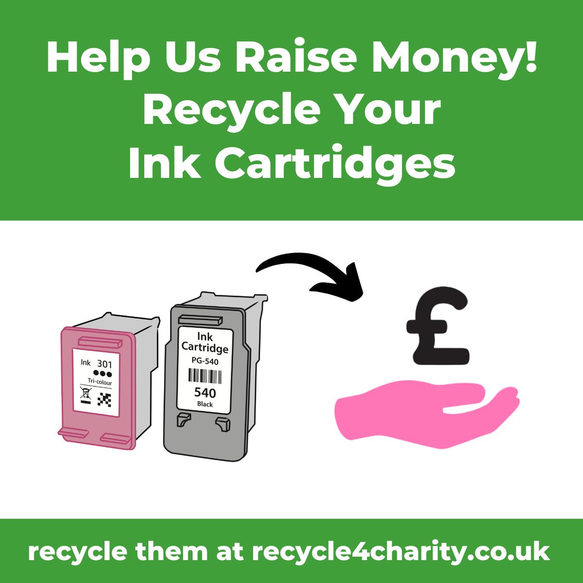 Did you know that you can help us raise funds by recycling your used ink cartridges via Recycle4Charity   and it won't cost you a thing.  Start collecting for us now and send your cartridges via
recycle4charity.co.uk/Register/027683
