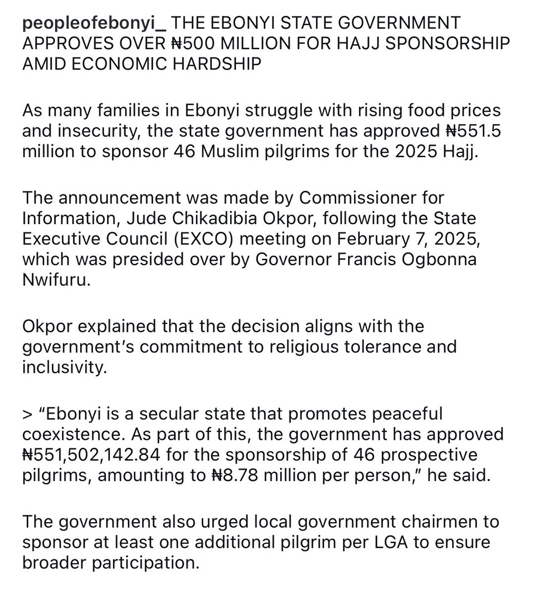 IgboHistoFacts's tweet photo. BREAKING: THE EBONYI STATE GOVERNMENT APPROVES OVER ₦500 MILLION FOR HAJJ SPONSORSHIP AMID ECONOMIC HARDSHIP. https://t.co/bfpH0lZ7oD