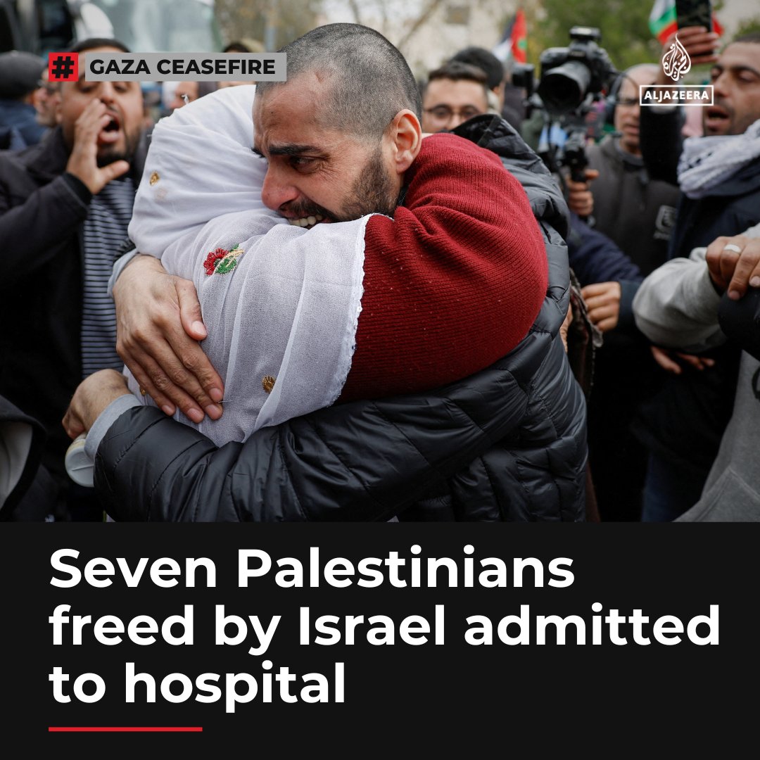 Seven Palestinians freed by Israel as part of the Gaza ceasefire deal have been admitted to hospitals upon arriving in Ramallah "as a result of the brutality they were subjected to" by Israeli authorities, says the Palestinian Prisoners’ Club aje.io/exhhp6