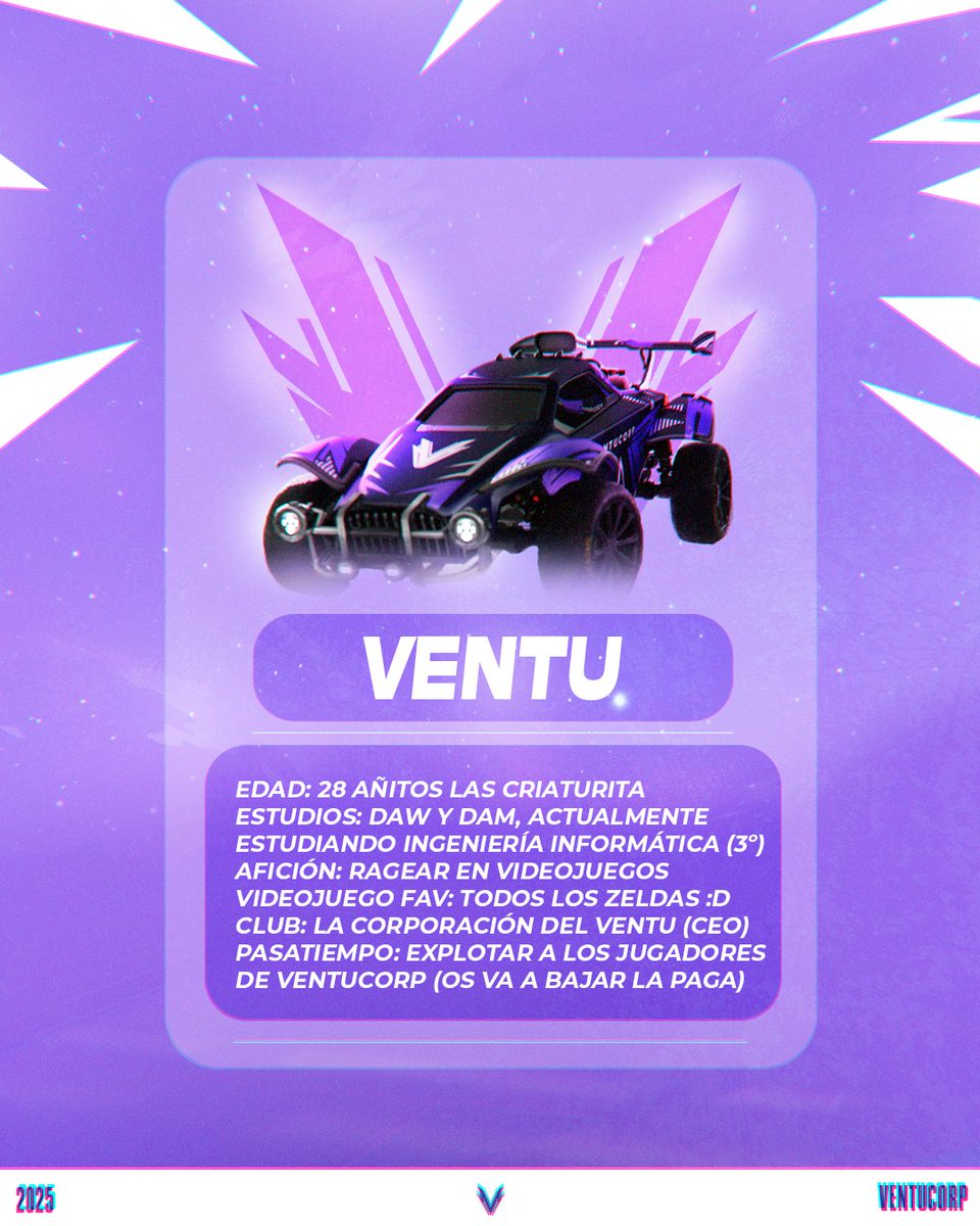 VentuCorp's tweet image. Conociendo ❓🔥 al BOSS, EL CEO DEL CLUB

👑💜 @elventuxd 💜👑
Edad: 28 años
Estudios: Más que tu seguro
Afición: Ragear en videojuegos🤬
Videojuego fav: Todos los Zeldas
Club: @ventucorp😏
Pasatiempo: Explotar a los jugadores del club

#VentuCorpForever • #Esports