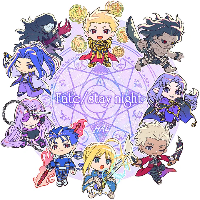 デフォルメサーヴァントたち。 最初はこの円形の構図で考えてた。 今度クロスフォリオの方とかでキャラクターごとにアップしたいな〜