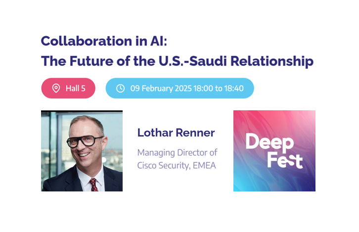 CiscoSaudia's tweet image. Tomorrow, Lothar Renner - Managing Director, Cisco Security EMEA will join a panel discussion on &apos;Collaboration in AI: The Future of the U.S.-Saudi Relationship&apos; 🌐

Join us at @deepfestai, located at LEAP 2025.

Learn more: deepfest.com/2025-agenda

#DeepFest25 #LEAP25 #CiscoLEAP