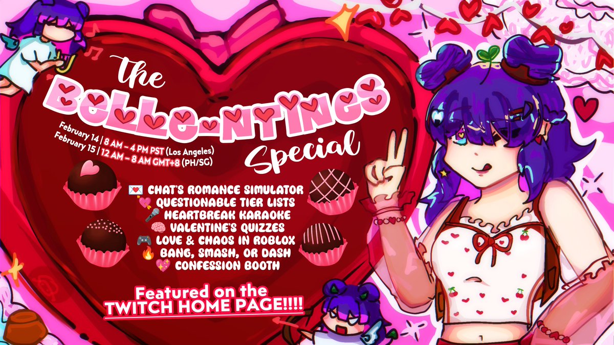 isabelletrist's tweet photo. 💜🍙 The BELLE-ntines Special is here— AND WE’RE ON THE TWITCH FRONT PAGE!! 🍙💜
Roses are red, violets are blue, rice balls are cute… and so are you! ∘ ∘ ∘ ( °ヮ° ) Celebrate with me in a stream full of love and chaos! 
📅 2/14 | 8 AM - 4 PM PST
📅 2/15 | 12 AM - 8 AM GMT+8 https://t.co/D5hXNW6T0P