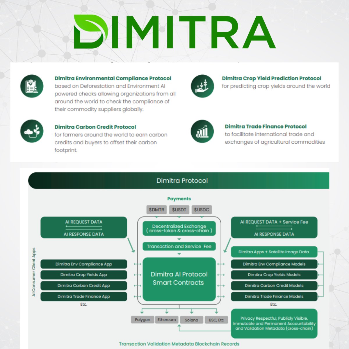 KryptoInsider1's tweet photo. 🚨 The Dimitra Protocol represents the next major step forward in the $DMTR roadmap🧐

It’s a crucial milestone in bringing AI and blockchain together for agriculture 🌱

The protocol connects advanced AI tools with a vast network of farmers through Web3, simplifying access to services and managing tasks like payments, metering, and audit trails 💡

Built on decentralized cross-chain infrastructure, the protocol ensures transaction transparency and uses the $DMTR token for seamless payments, driving innovation in agribusiness 🌍

It also makes integration easier for developers by removing the complexities of direct AI connections 👨‍💻

The Dimitra Environmental Compliance and Crop Yield Prediction Protocols are the first of many solutions enabling AI apps to connect to AI services 🚜 

@dimitratech  is also developing other AI-driven protocols like the Carbon Credit and Trade Finance Protocols 💼 

These tools handle essential tasks like payments, usage tracking, and audit trails, with data securely stored on the blockchain 🔐 

The $DMTR token ensures transparency in every transaction 🔄 

Over time, the Protocol will support various networks, including Polygon, Ethereum, Binance Smart Chain, Solana, and more 🌐