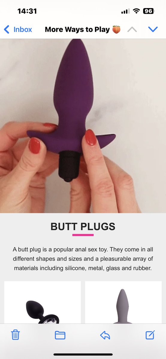You buy one Bra and knickers set for the wife off Ann Summers then you get  emails for 20% off butt plugs!! I'll see what she says