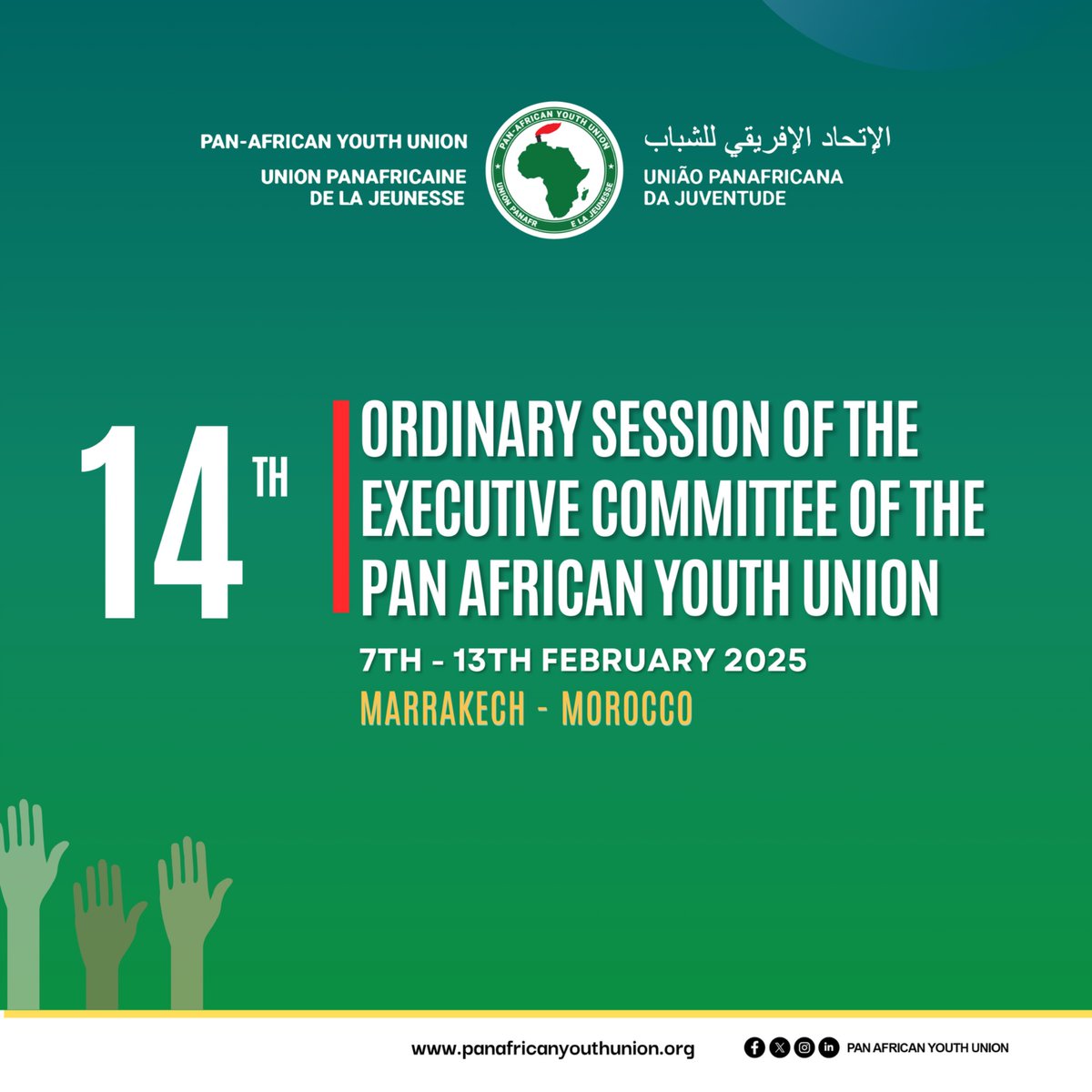 PYU_UPJ's tweet photo. The 14th Ordinary Session of the Executive Committee of the Pan-African Youth Union is happening from 7th - 13th February 2025, in Marrakech, Morocco.

Stay tuned for key updates and outcomes!

#PYU #AfricanYouth #YouthEmpowerment #PanAfricanism #Marrakech2025 https://t.co/E2gjLI0RIG