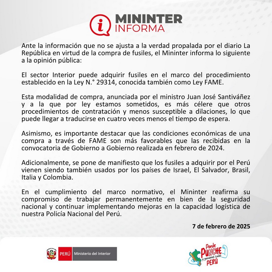 Angelpaezs's tweet photo. Mininter confirma que compró sin licitación 7 mil fusiles israelíes Arad 5 bajo el argumento de que está "sometido" a hacerlo así por la "Ley FAME". Es falso que esta norma "obligue" a las FFAA y PNP contratar "a dedo" sin probar otros modelos.

https://t.co/9pdg54tpro https://t.co/qIWb6Wvr9O