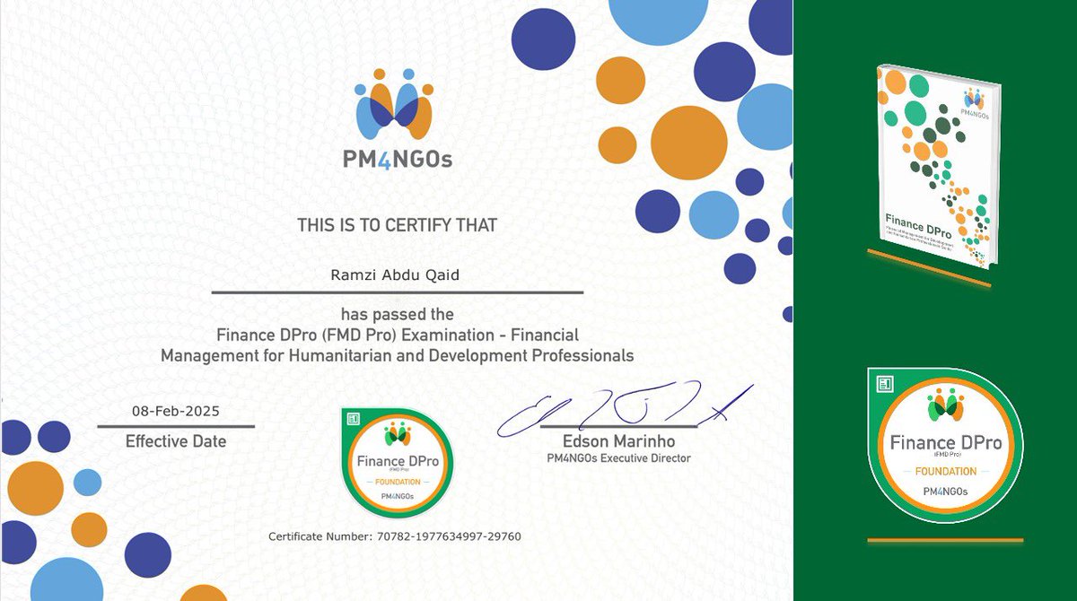 الحمدلله …
دخلت في تحدي مع معرفة لا أحبها 😅 ( المالية ) وكسبت التحدي بحصولي على الشهادة الدولية للإدارة المالية لممارسي العمل التنموي FMDpro من منظمة <a href="/PM4NGOs/">PM4NGOs</a> بعد اجتيازي لاختبار مرهق. 
شكراً للمدرب أ. سلمان سحاري ولـ <a href="/subul_tr/">مركز سبل  للتدريب</a>