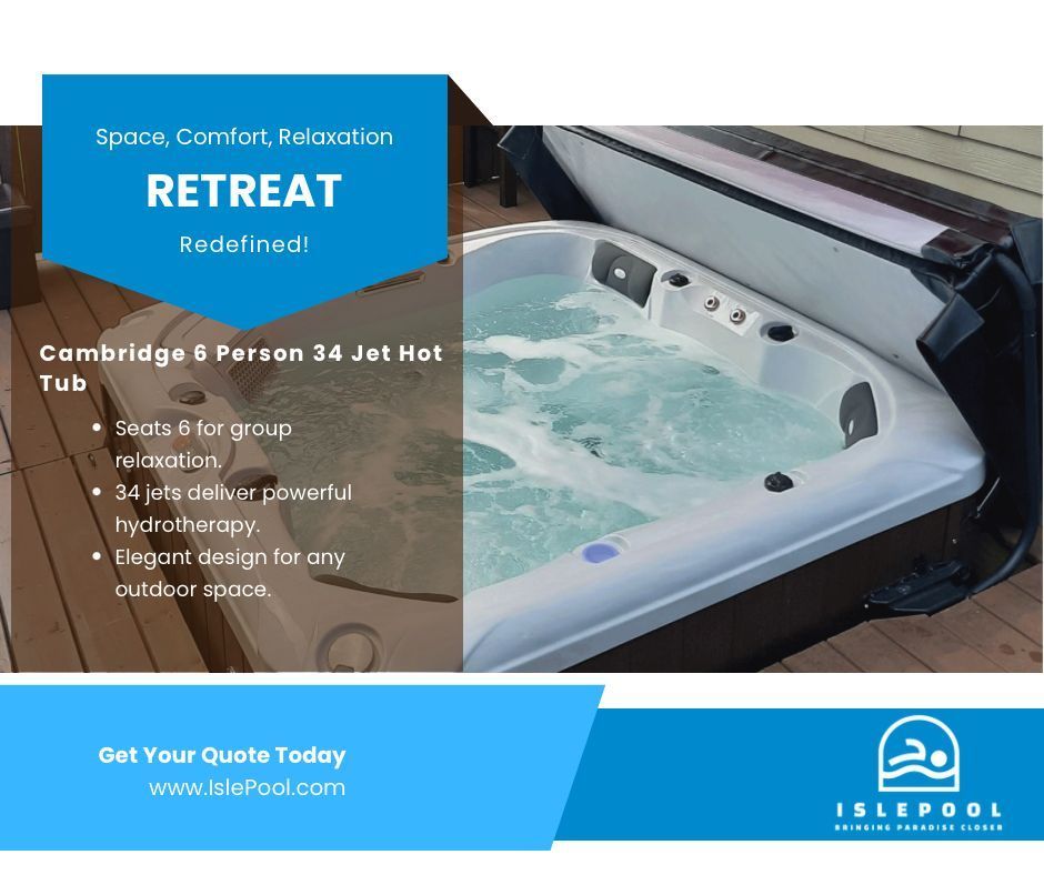 The Cambridge 6-Person Hot Tub delivers 34 jets of powerful hydrotherapy &amp; elegant design for pure relaxation! 💦✨ Seats 6 comfortably—perfect for any outdoor space.

🚚 Ships from Miami to the Caribbean! 🌴

⚡ LIMITED STOCK – Get a FREE quote now! ⚡

#ParadiseCloser #HotTubs
