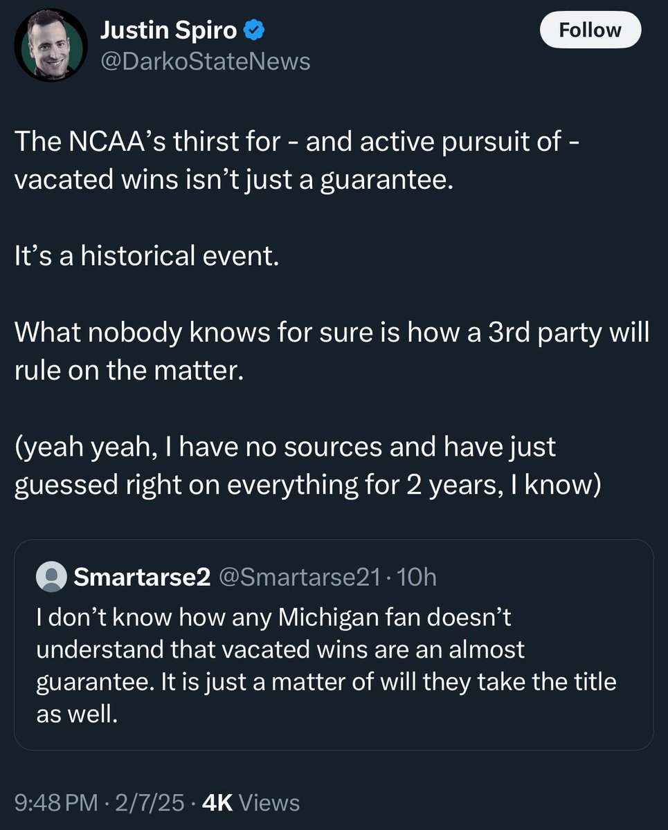 AnonMichAlum's tweet photo. When Justin’s wrong he’ll claim he never said wins would be vacated and then he’ll move the goalposts, again. Watch. https://t.co/LB1xrgti7I