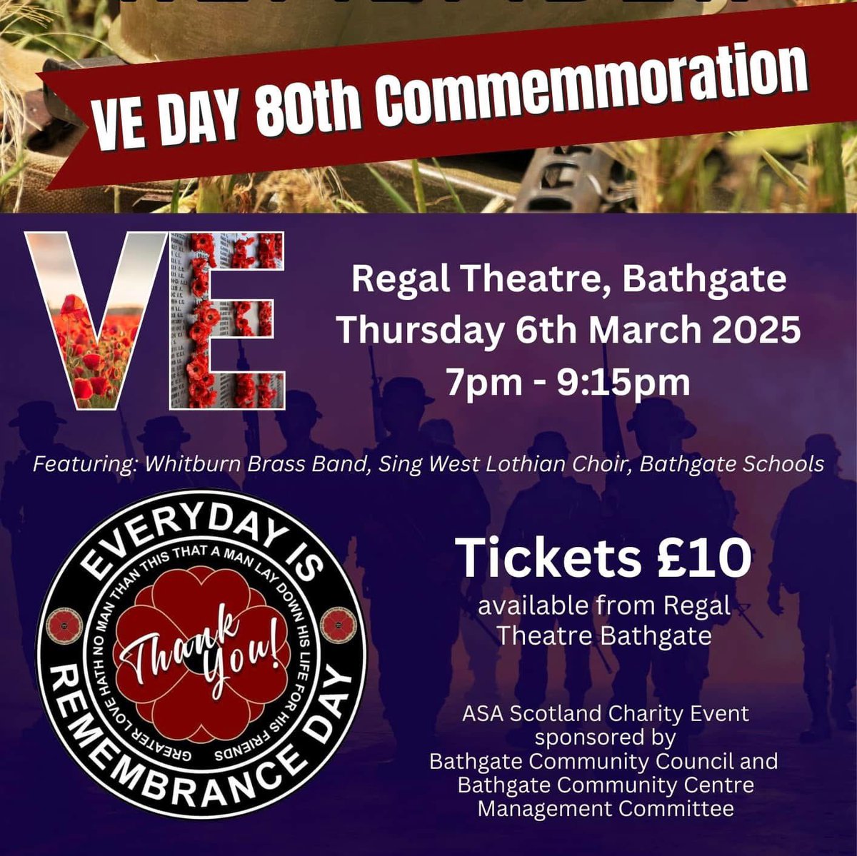 Bathgate Community Council are proud to sponsor VE DAY 80th Commemoration. 
Guest Speaker Group Captain Bob Kemp CBE, Scots Guards Pipers, Whitburn Brass Band, Sing West Lothian Choir and Local Schools, this will be “A Night to Remember” #VEDAY80 #VEDAY #Bathgate #WestLothian