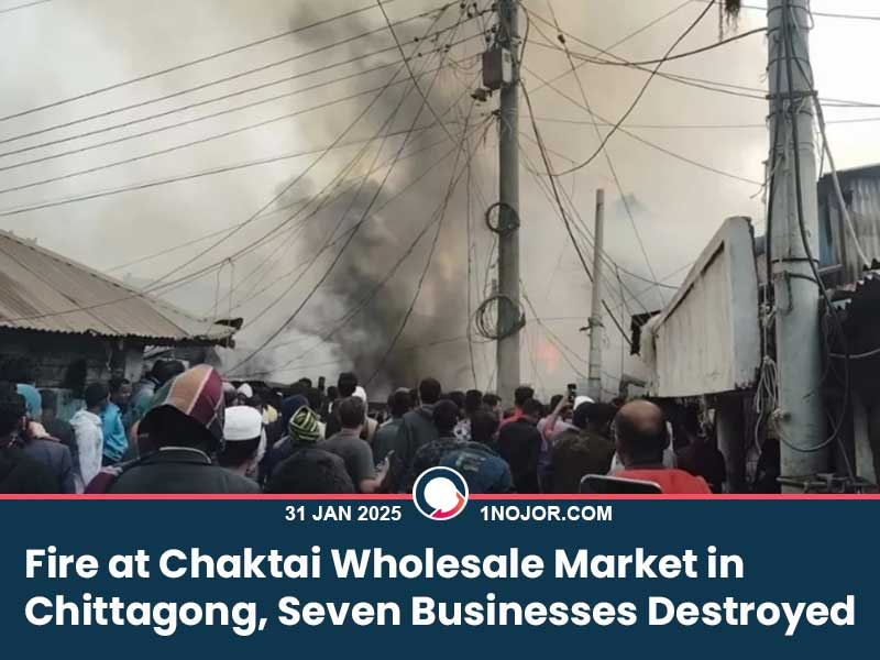 A massive fire broke out at Chaktai, Chittagong’s major wholesale market, destroying a sawmill, two warehouses, and seven businesses. The fire, which started around 6 AM on January 31, took three hours to extinguish due to the lack of a nearby water source. The total damage is