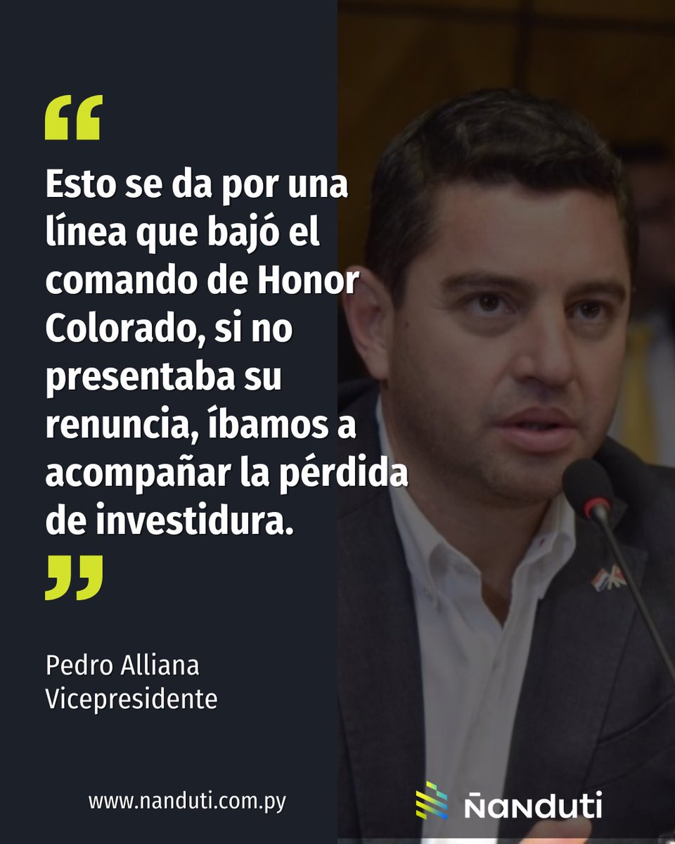 #AHORA| <a href="/AllianaPedro/">Pedro Alliana</a> confirma a #Ñanduti la salida de Orlando Arévalo de la Cámara de Diputados

🗣️“Esto se da por una línea que bajó el comando de Honor Colorado, si no presentaba su renuncia, íbamos a acompañar la pérdida de investidura”, dijo el vicepresidente de la
