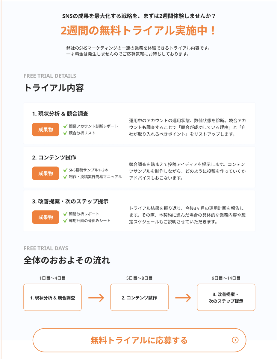 SNSマーケティング事業の無料トライアル案内をささっとFigmaで作成。ちょっと簡易的な気もするけどまずはこれで案内します。このままコード書いてくれたりしないかな