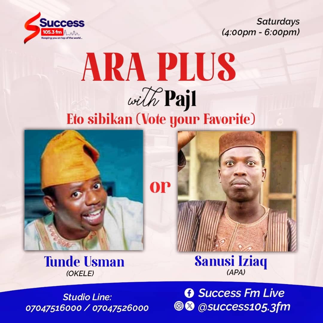 success1053fm's tweet photo. Coming up next #Araplus with @paj1official APA vs. OKELE! Two of Nollywood’s funniest comic actors: Who cracks you up the most? Drop your favorite in the comments!
#ObaAraContest #Tosibikan https://t.co/xtt8DJHWkL
