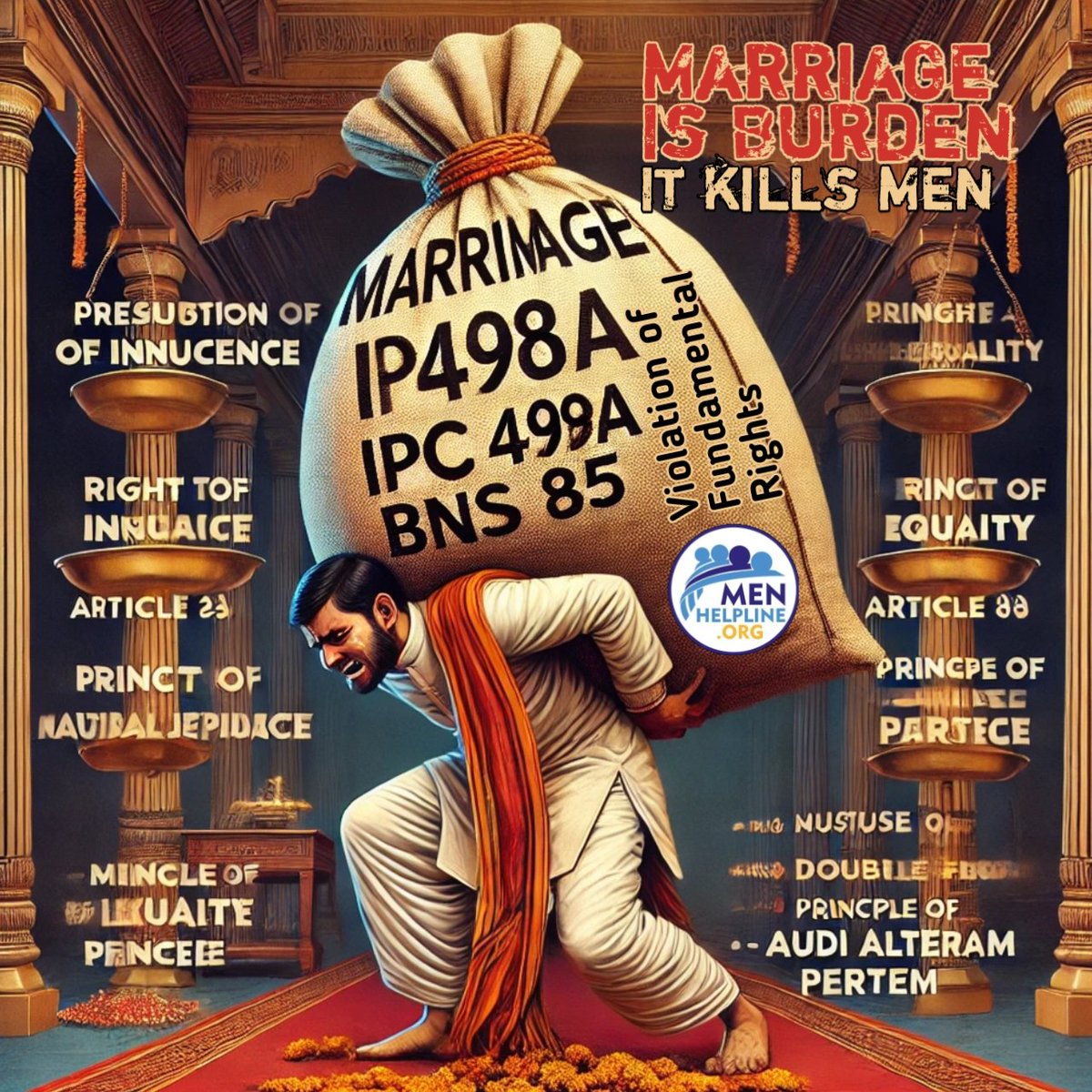 Marriage has bcm burden for young Indian husbands due to the  unconstitutional IPC #498A #BNS85, and unfair #Alimony laws.

WE DEMAND TO #DiluteUnconstitutional498a #Dilute498a to safeguard institution of marriage.

#BanMarriage 
#AtulSubhash #MenLivesMatter #MenToo #JusticeIsDue
