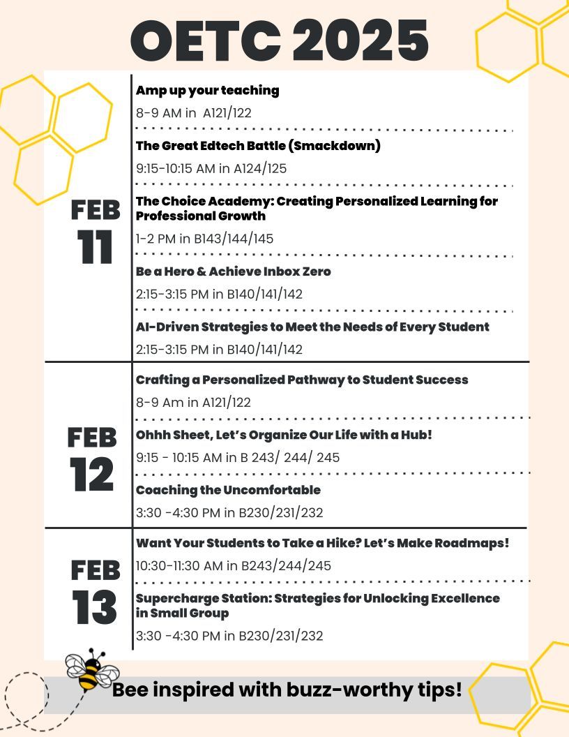 mrshowell24's tweet photo. OETC 2025 is buzzing with exciting sessions! 🐝 Don't miss out! #OETC2025 @AshleyHalkum @QueenMel99 @lyrics4learning @MMarcum13 @mrsj147 @rebecca_dwenger https://t.co/toHEm8eZx5