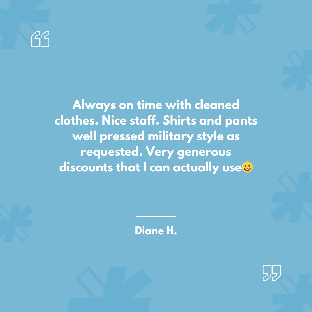 CTBestCleaners's tweet photo. Always on time, clean clothes, and military-style perfection? 💼 Diane H. knows Best Cleaners delivers every time—plus, discounts that actually make a difference! 💪 Ready for a service you can trust? 
#CustomerLove #BestCleaners #MilitaryPressPerfection https://t.co/B20NK5Xy37