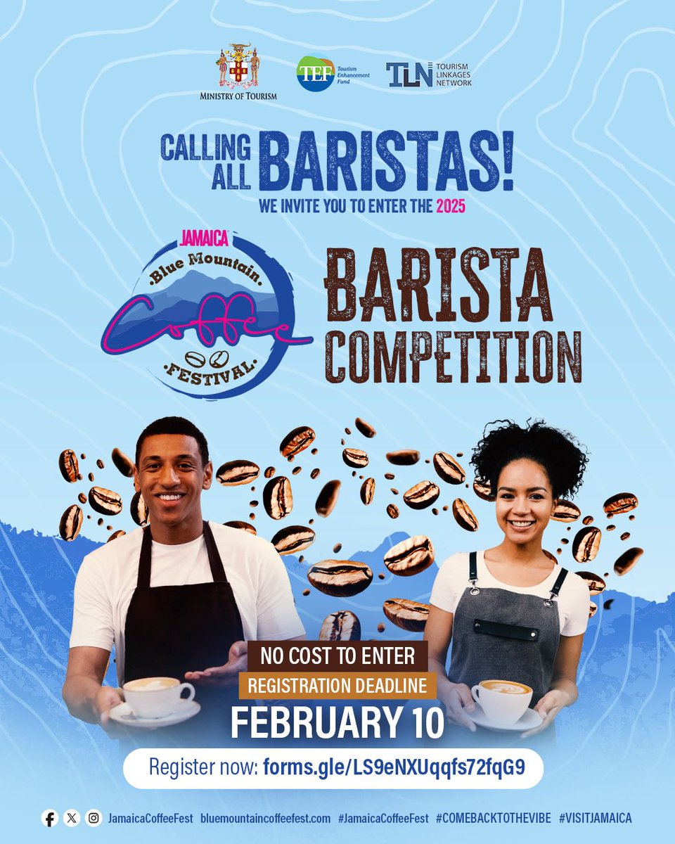 Calling all Baristas ☕️

Are you ready to turn your coffee skills into a masterpiece? The Jamaica Blue Mountain Barista Competition is back, celebrating passion, precision, and pure coffee artistry! 🏆
Register now: forms.gle/LS9eNXUqqfs72f…
 #JBMCFBaristaCompetition #VisitJamaica