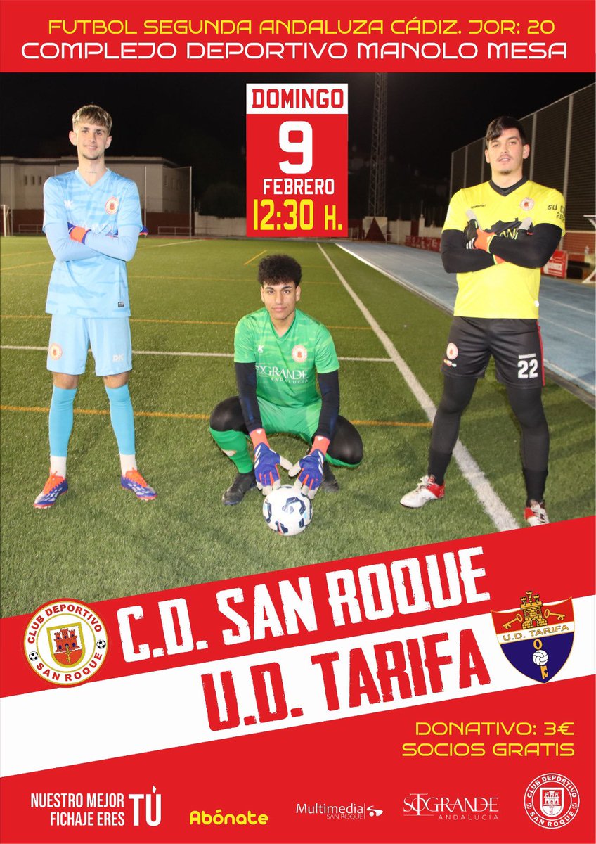 Mañana domingo doble cita en el Manolo Mesa!!!!!
A las 11:00 la presentación de todas las categorías de fútbol base y a las 12:30 h derbi comarcal entre el CD San Roque y la UD Tafifa.
VAAAAAAAMOOOOOSSSS ROJILLOOOOOOSSS!!!!