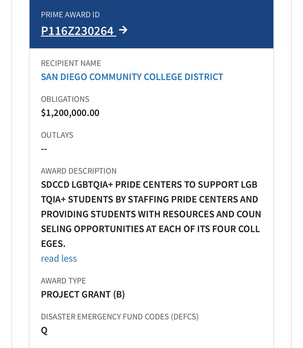 The Department of Education used $1.2M of your tax dollars to fund an LGBTQIA+ Pride Center at San Diego community colleges.

To make matters worse, it appears that they used some sort of disaster fund to do this.

Our taxes have been a slush fund for leftists.